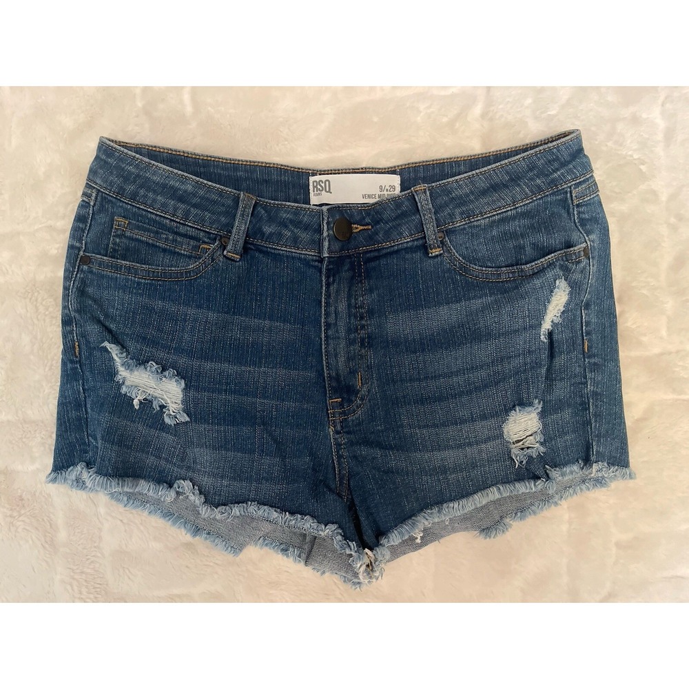 RSQ Venice Mid Rise Womens Ripped Denim Shorts Distressed Medium‎ Wash Size 9